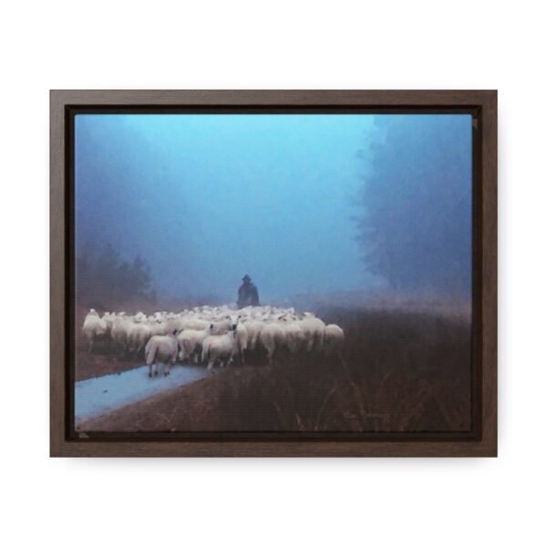 Mist lifting to a beautiful day over the flock and its shepherd - Beautiful framed canvas