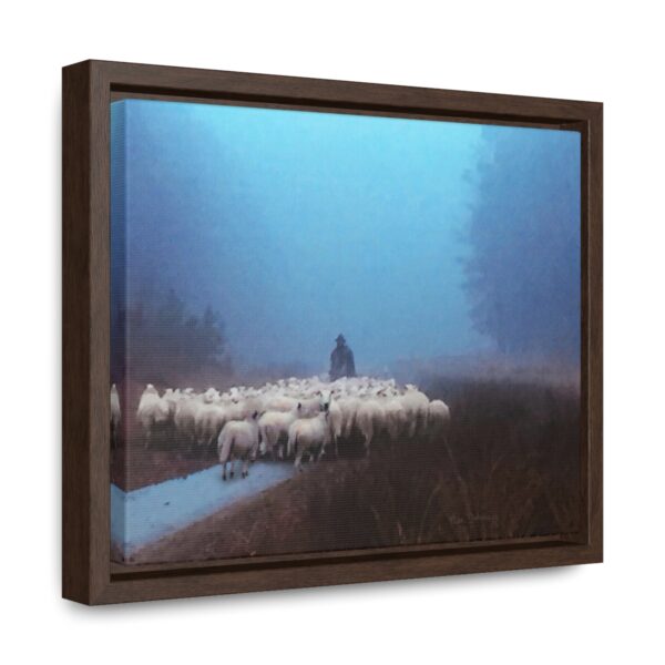 Mist lifting to a beautiful day over the flock and its shepherd - Beautiful framed canvas