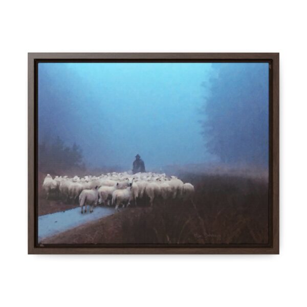 Mist lifting to a beautiful day over the flock and its shepherd - Beautiful framed canvas