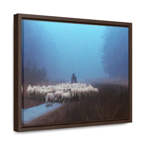 Mist lifting to a beautiful day over the flock and its shepherd - Beautiful framed canvas