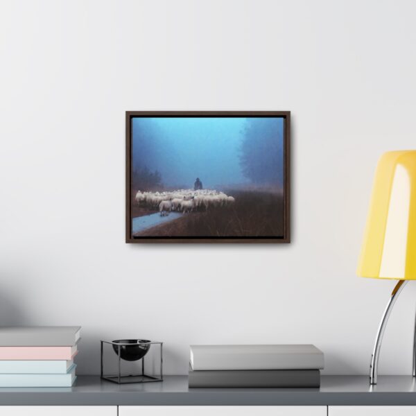 Mist lifting to a beautiful day over the flock and its shepherd - Beautiful framed canvas