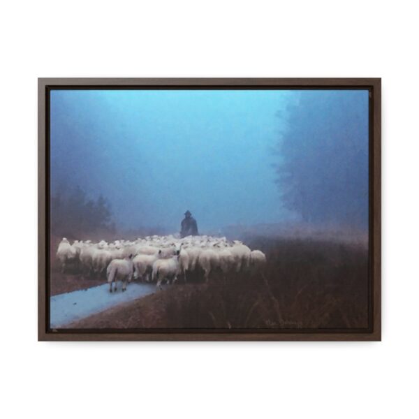 Mist lifting to a beautiful day over the flock and its shepherd - Beautiful framed canvas