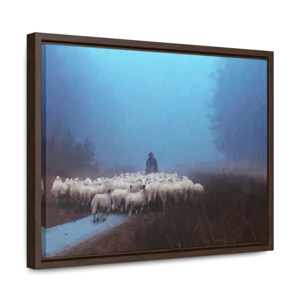 Mist lifting to a beautiful day over the flock and its shepherd - Beautiful framed canvas
