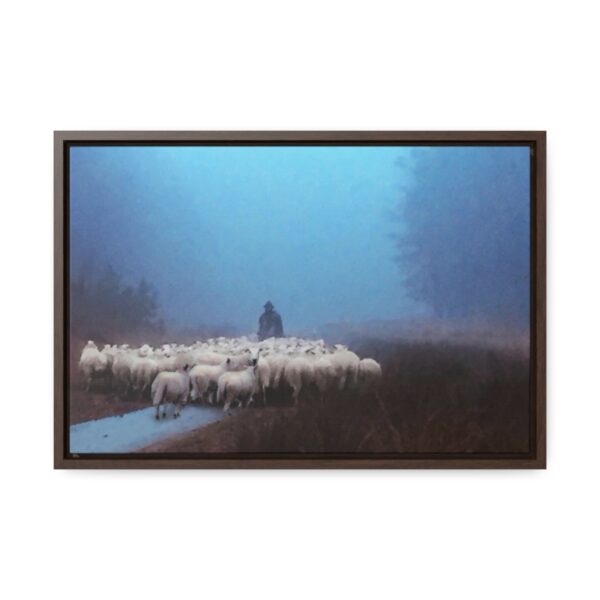 Mist lifting to a beautiful day over the flock and its shepherd - Beautiful framed canvas