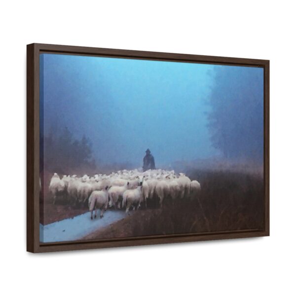 Mist lifting to a beautiful day over the flock and its shepherd - Beautiful framed canvas