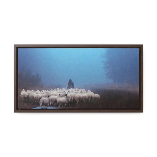 Mist lifting to a beautiful day over the flock and its shepherd - Beautiful framed canvas