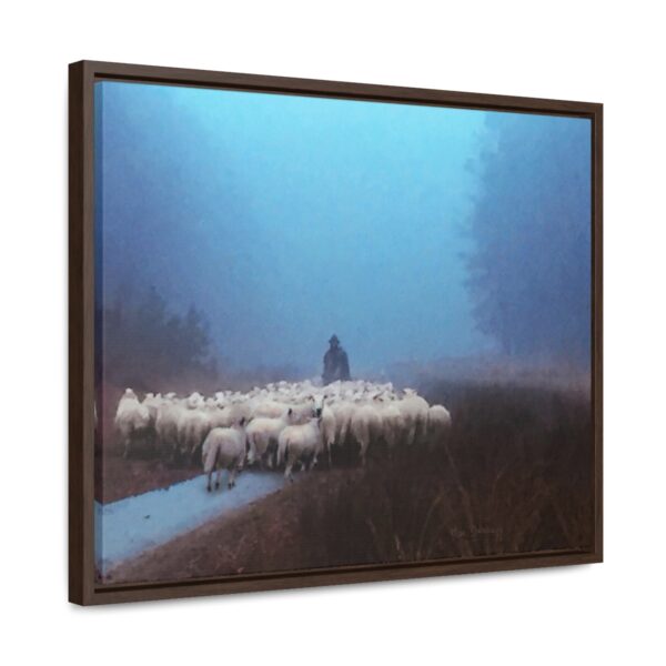 Mist lifting to a beautiful day over the flock and its shepherd - Beautiful framed canvas