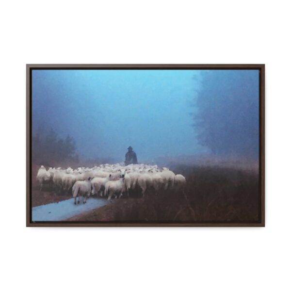 Mist lifting to a beautiful day over the flock and its shepherd - Beautiful framed canvas