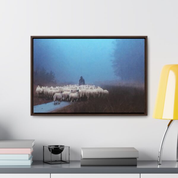 Mist lifting to a beautiful day over the flock and its shepherd - Beautiful framed canvas