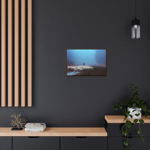 Mist lifting to a beautiful day over the flock and its shepherd - Beautiful framed canvas