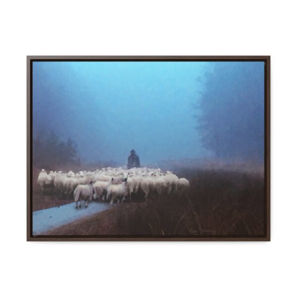 Mist lifting to a beautiful day over the flock and its shepherd - Beautiful framed canvas