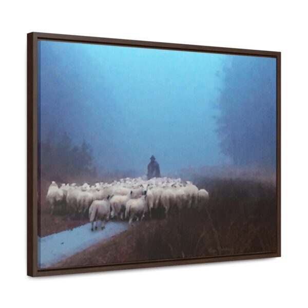 Mist lifting to a beautiful day over the flock and its shepherd - Beautiful framed canvas