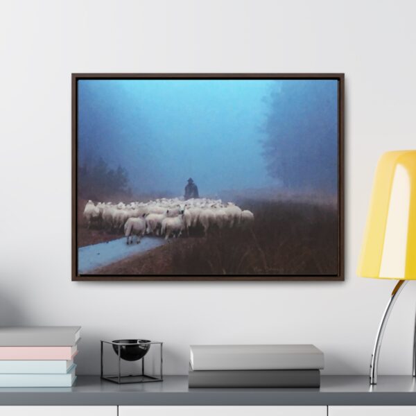Mist lifting to a beautiful day over the flock and its shepherd - Beautiful framed canvas