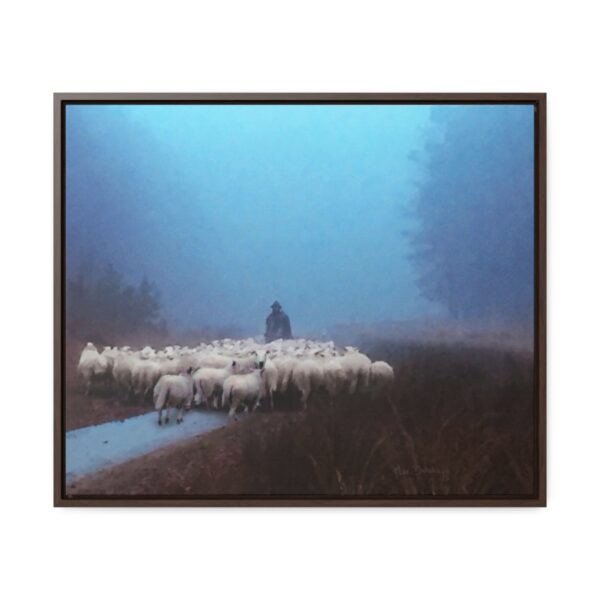 Mist lifting to a beautiful day over the flock and its shepherd - Beautiful framed canvas