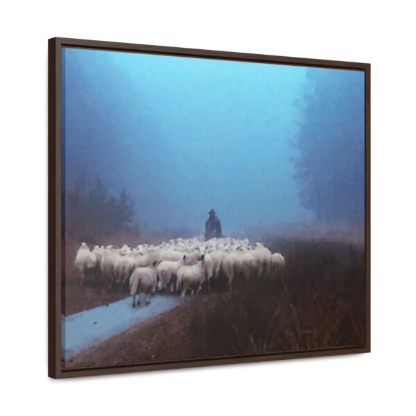 Mist lifting to a beautiful day over the flock and its shepherd - Beautiful framed canvas