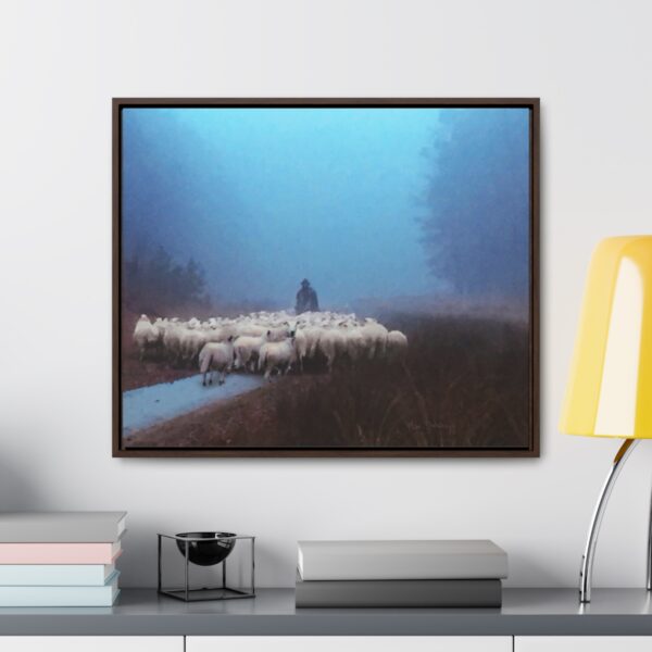Mist lifting to a beautiful day over the flock and its shepherd - Beautiful framed canvas