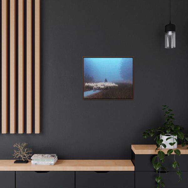 Mist lifting to a beautiful day over the flock and its shepherd - Beautiful framed canvas