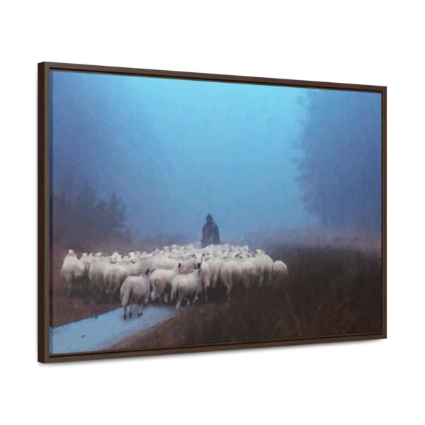 Mist lifting to a beautiful day over the flock and its shepherd - Beautiful framed canvas