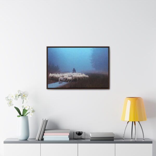 Mist lifting to a beautiful day over the flock and its shepherd - Beautiful framed canvas