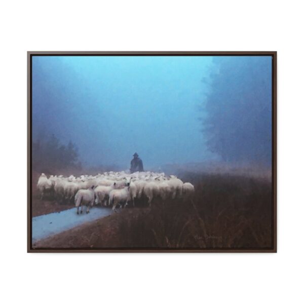 Mist lifting to a beautiful day over the flock and its shepherd - Beautiful framed canvas