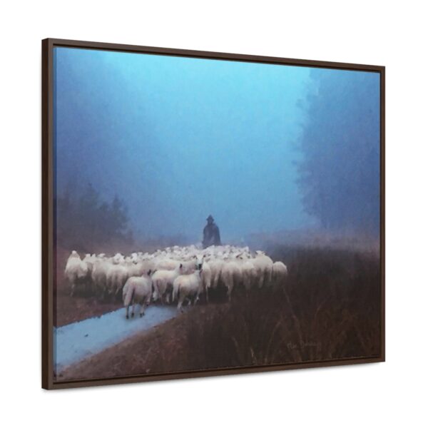 Mist lifting to a beautiful day over the flock and its shepherd - Beautiful framed canvas