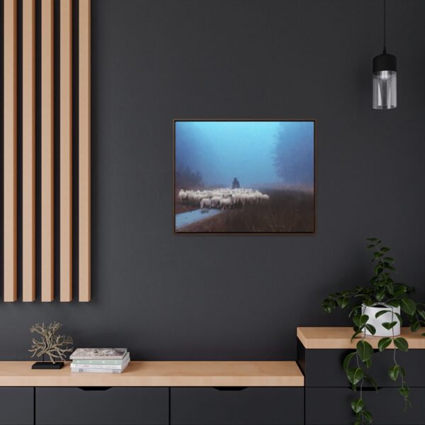 Mist lifting to a beautiful day over the flock and its shepherd - Beautiful framed canvas