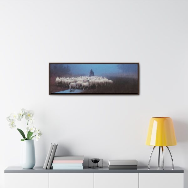 Mist lifting to a beautiful day over the flock and its shepherd - Beautiful framed canvas