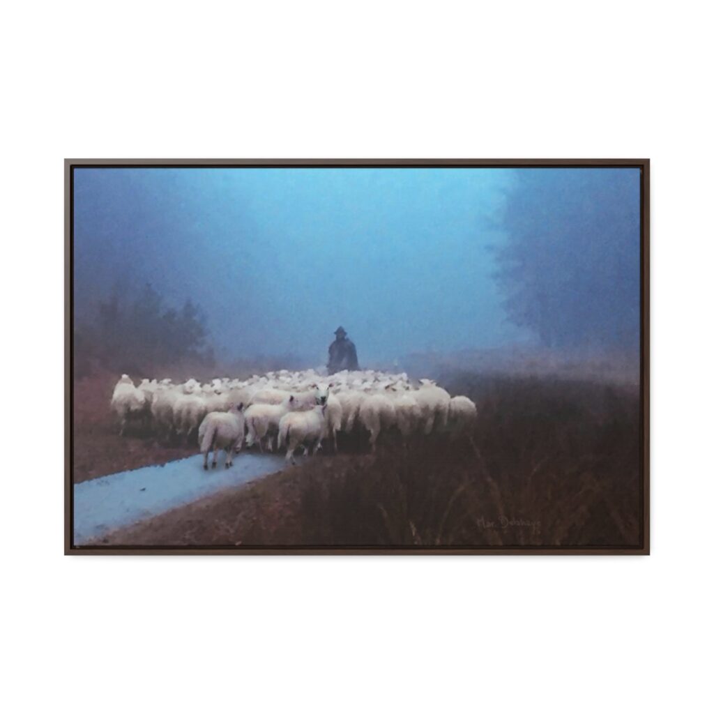 Mist lifting to a beautiful day over the flock and its shepherd - Beautiful framed canvas