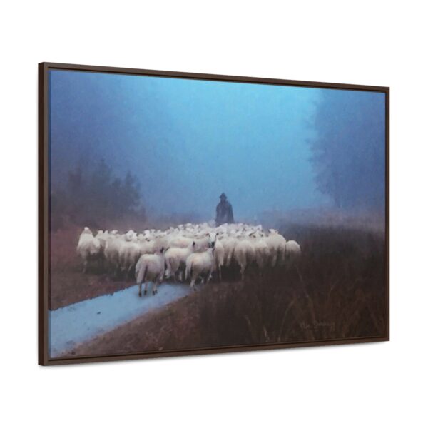 Mist lifting to a beautiful day over the flock and its shepherd - Beautiful framed canvas