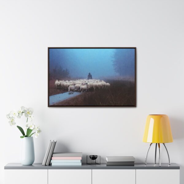 Mist lifting to a beautiful day over the flock and its shepherd - Beautiful framed canvas