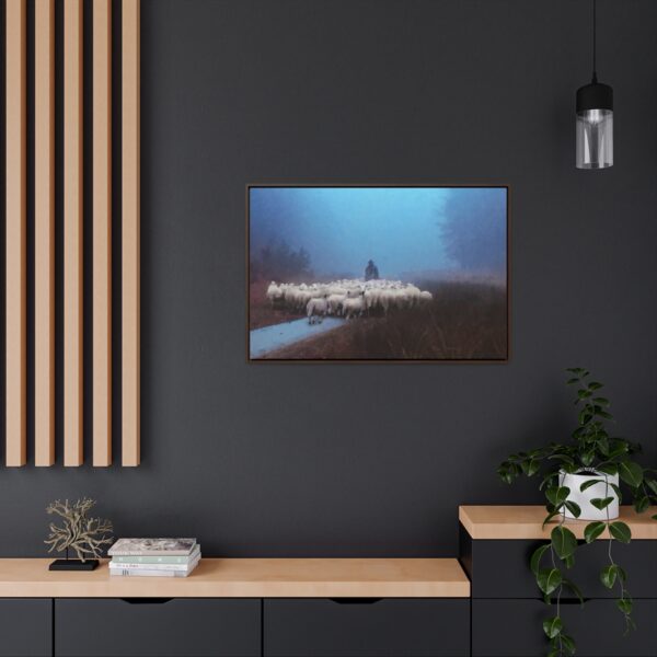Mist lifting to a beautiful day over the flock and its shepherd - Beautiful framed canvas